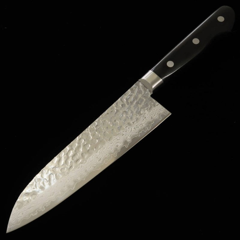 Miura Santoku acero inoxidable, damasco de 17 capas, acabado martillado, mango de laminado negro (180 mm)