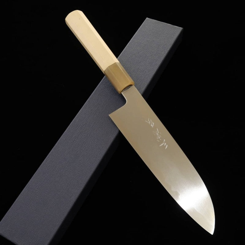 MIURA Itadaki, Tanaka Giichi, santoku, Shirogami n°2, finition hairline, manche octogonal en magnolia (180 mm)