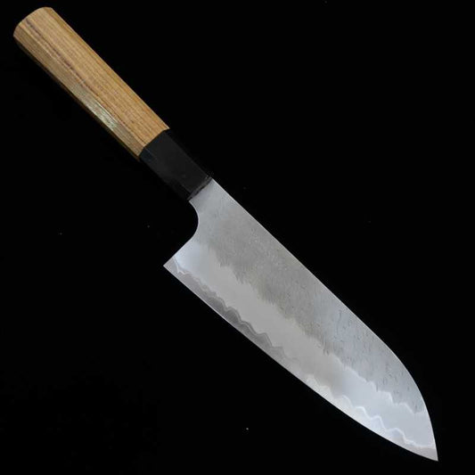 二唐刃物鍛造所 NIGARA 青紙スーパー みがき槌目 三徳 チーク材柄 (180mm)
