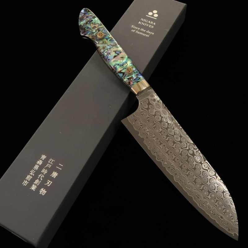NITOU Hamono NIGARA santoku SG2 patrón oscuro Damasco mango con incrustaciones de nácar (180 mm)