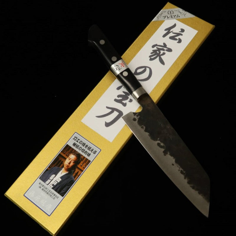 TERUYASU FUJIWARA 藤原照康 – “Denka no Hōtō” – Santoku con protector para el dedo, Aogami Super (165/180 mm)