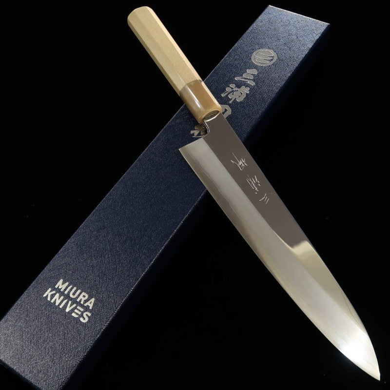 Miura MIURA Obidama Gyuto à simple tranchant Gin-san No.3 Finition miroir Manche octogonal en magnolia (240 mm)