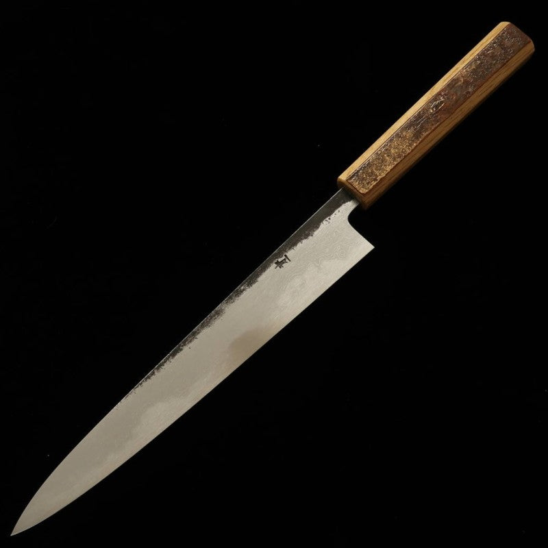HADO Sujihiki, acier bleu n°1, finition kuro-uchi, damas, manche en écorce de cerisier marbrée (240/270 mm)