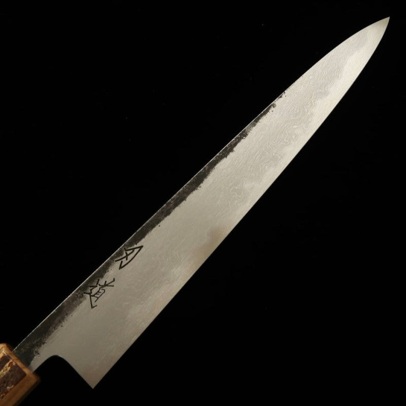 HADO Sujihiki, acier bleu n°1, finition kuro-uchi, damas, manche en écorce de cerisier marbrée (240/270 mm)