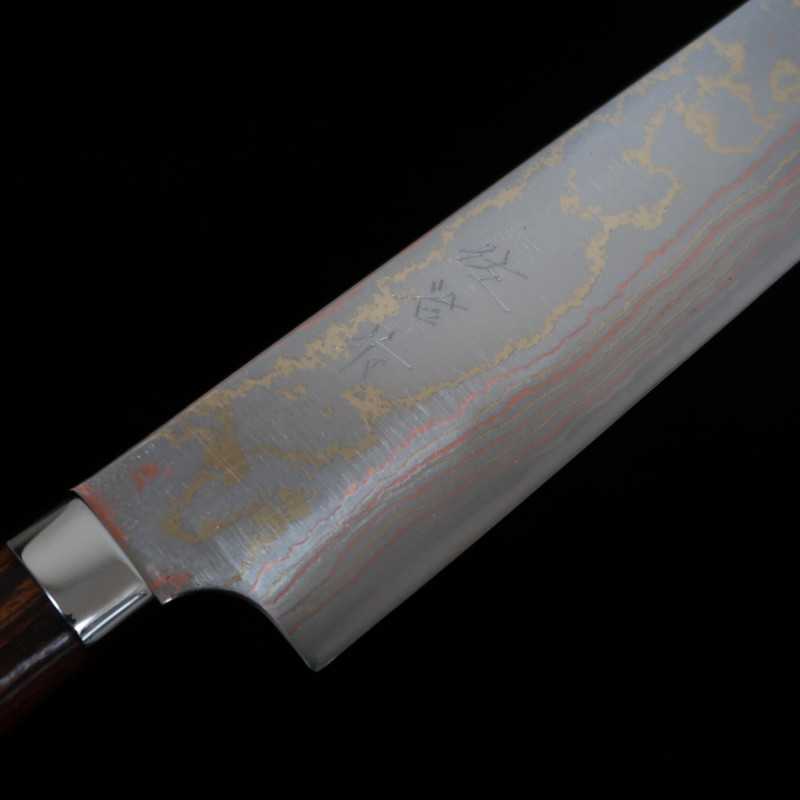 SAJI TAKESHI Sujihiki acier bleu n°2, damas coloré, bois de fer (240/270 mm)