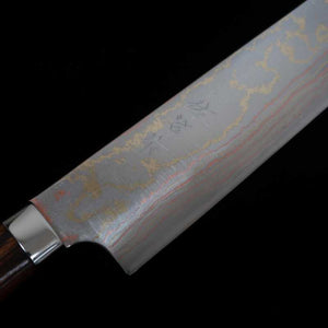 SAJI TAKESHI Sujihiki acier bleu n°2, damas coloré, bois de fer (240/270 mm)