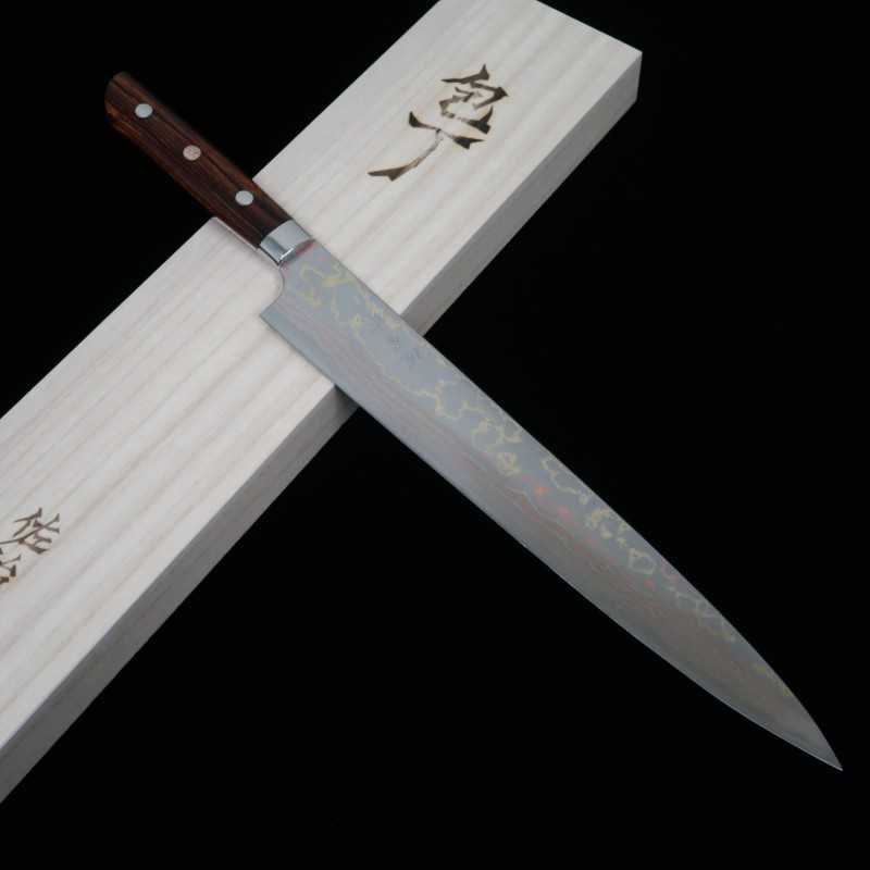 SAJI TAKESHI Sujihiki acier bleu n°2, damas coloré, bois de fer (240/270 mm)