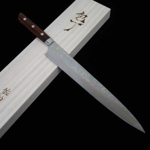 SAJI TAKESHI Sujihiki acier bleu n°2, damas coloré, bois de fer (240/270 mm)