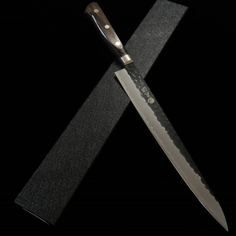 Miura MIURA Sujihiki Acier Bleu Super, martelé, finition noire, manche brun foncé (240 mm)