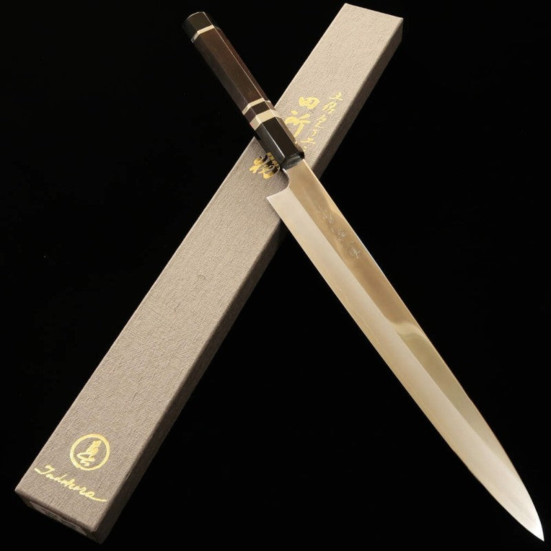 TADOKORO HAMONO “Makoto” Acabado espejo Acero Gingami No.3 Sujihiki Mango de ébano con virola de plata (270 mm)