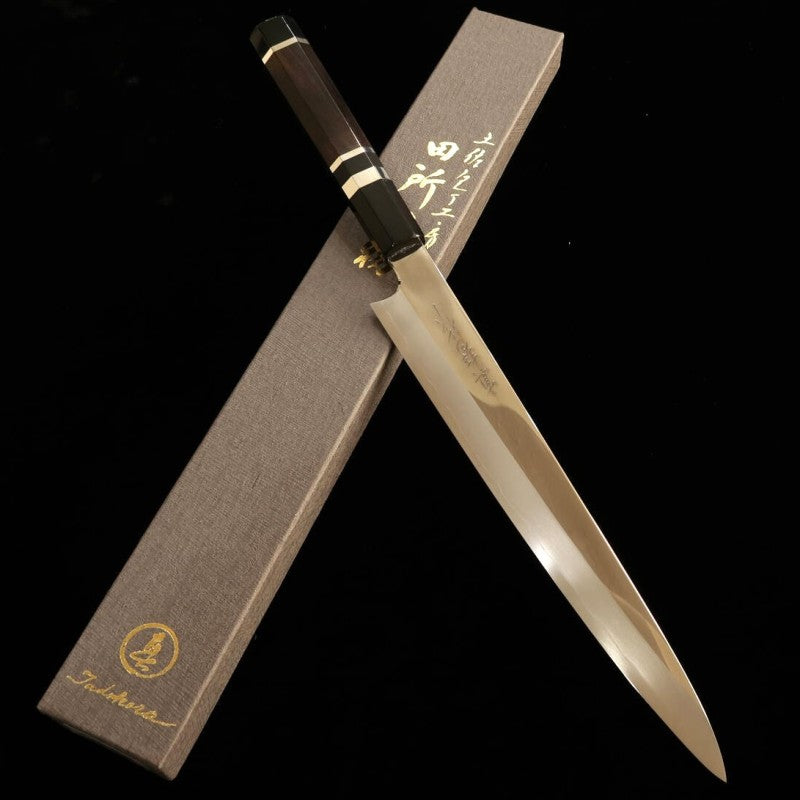 Sujihiki TADOKORO HAMONO Makoto Mirror Finish Ginsan Steel Ebony Silver Wrap Handle (240mm) 