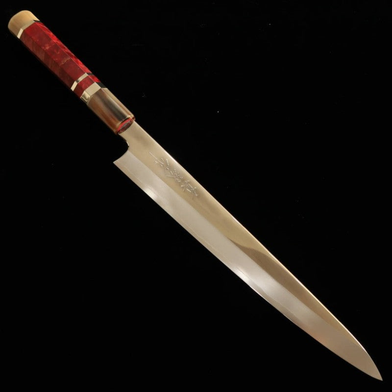 Cuchillo Tadokoro Hamono, obra de Makoto, acabado espejo, acero Gingami nº 3, sujihiki, mango de madera estabilizada (240 mm)
