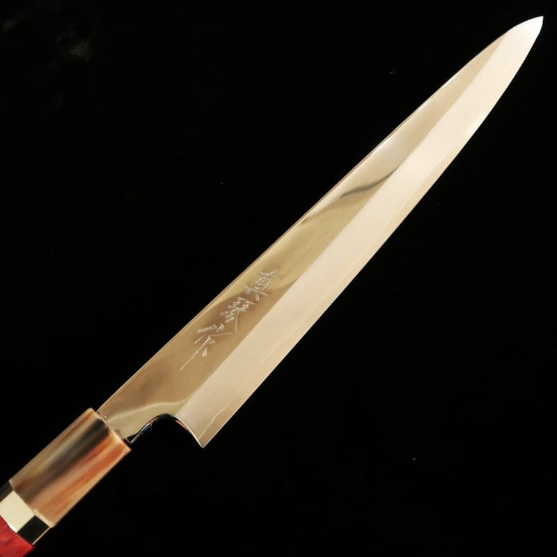 Cuchillo Tadokoro Hamono, obra de Makoto, acabado espejo, acero Gingami nº 3, sujihiki, mango de madera estabilizada (240 mm)