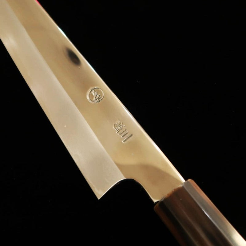 Cuchillo Tadokoro Hamono, obra de Makoto, acabado espejo, acero Gingami nº 3, sujihiki, mango de madera estabilizada (240 mm)