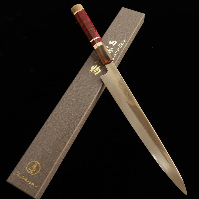 Cuchillo Tadokoro Hamono, obra de Makoto, acabado espejo, acero Gingami nº 3, sujihiki, mango de madera estabilizada (240 mm)