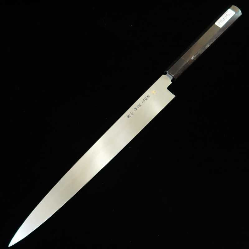 Yanagiba SUISIN Mizu Honyaki Shirogami No.2 acabamento espelhado, cabo octogonal em ébano Forjado por Ikeda (330mm)
