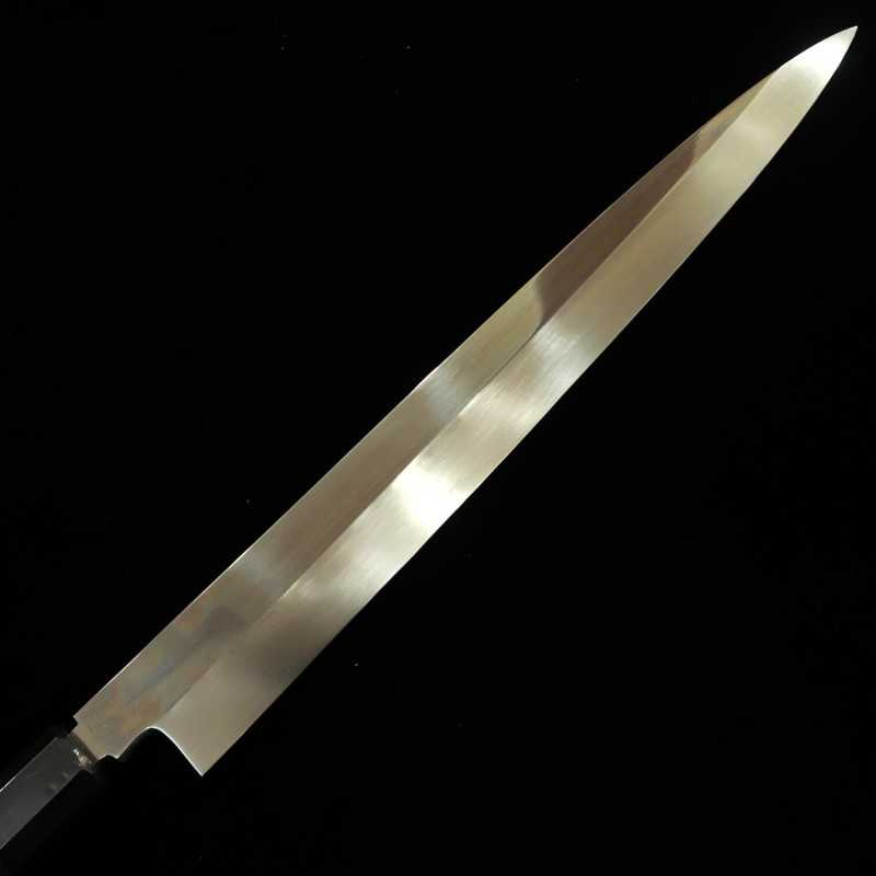 Yanagiba SUISIN Mizu Honyaki Shirogami No.2 acabamento espelhado, cabo octogonal em ébano Forjado por Ikeda (330mm)