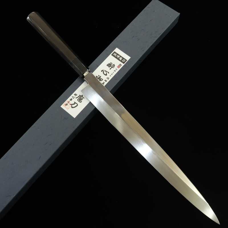 Yanagiba SUISIN Mizu Honyaki Shirogami No.2 acabamento espelhado, cabo octogonal em ébano Forjado por Ikeda (330mm)