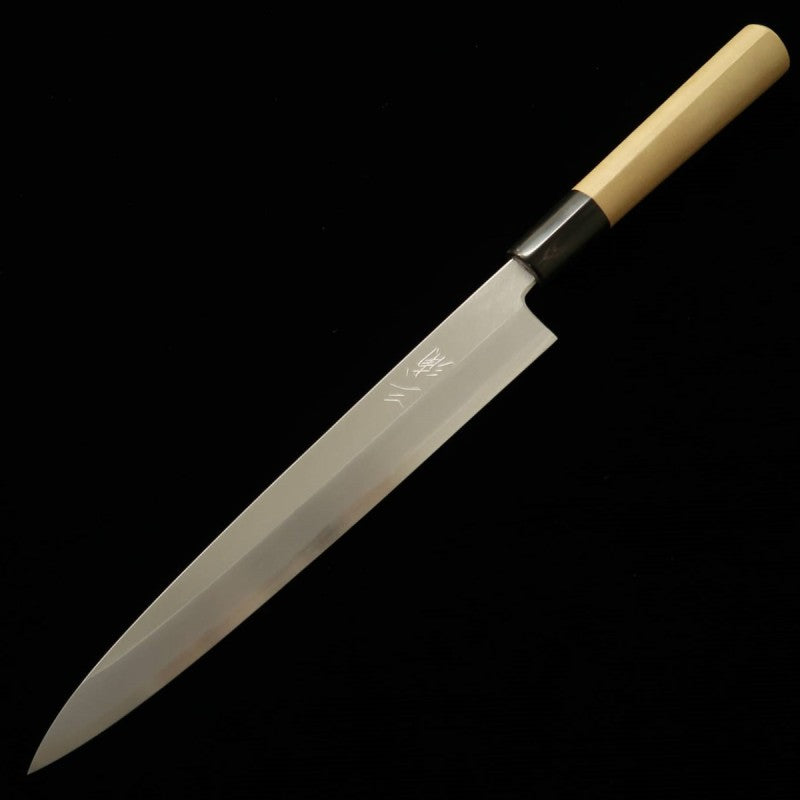 Miura 三浦 gama superior, yanagiba de acero blanco nº2, acabado kasumi, mango de magnolia tipo castaña, para zurdos (240/300 mm)