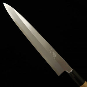 Miura 三浦 gama superior, yanagiba de acero blanco nº2, acabado kasumi, mango de magnolia tipo castaña, para zurdos (240/300 mm)