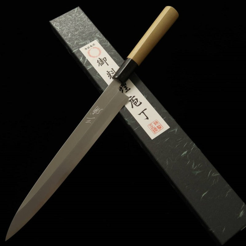 Miura 三浦 gama superior, yanagiba de acero blanco nº2, acabado kasumi, mango de magnolia tipo castaña, para zurdos (240/300 mm)