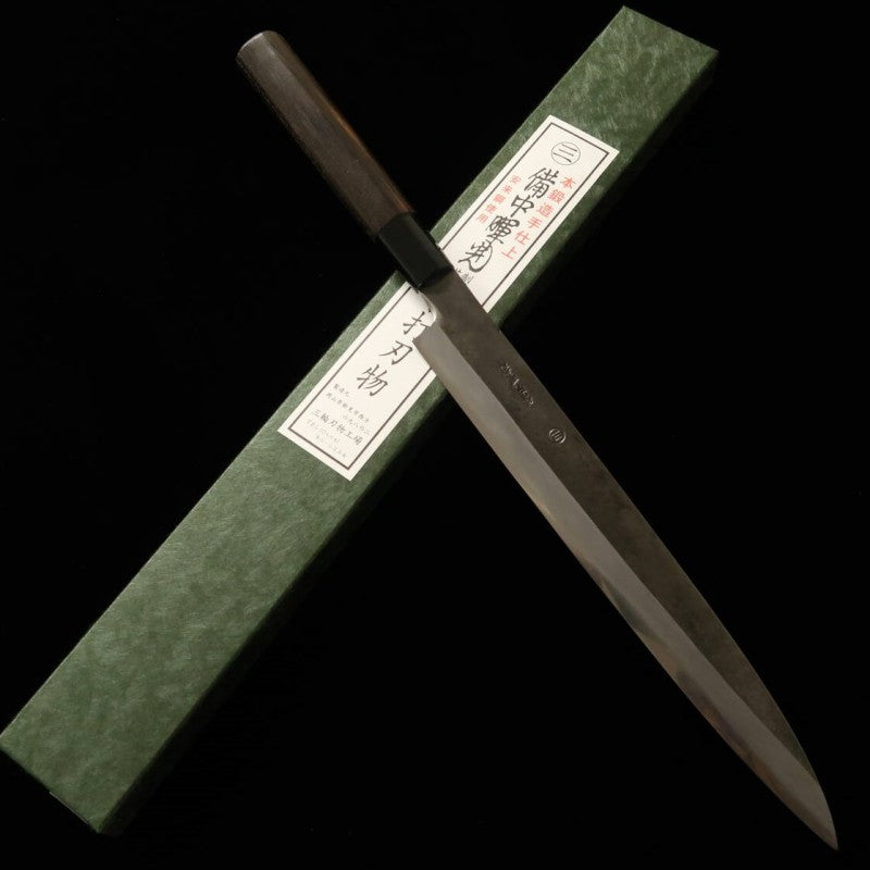 Yanagiba MIWA Shirogami no.1 acabado kurouchi, mango de madera de castaño quemada (240mm)