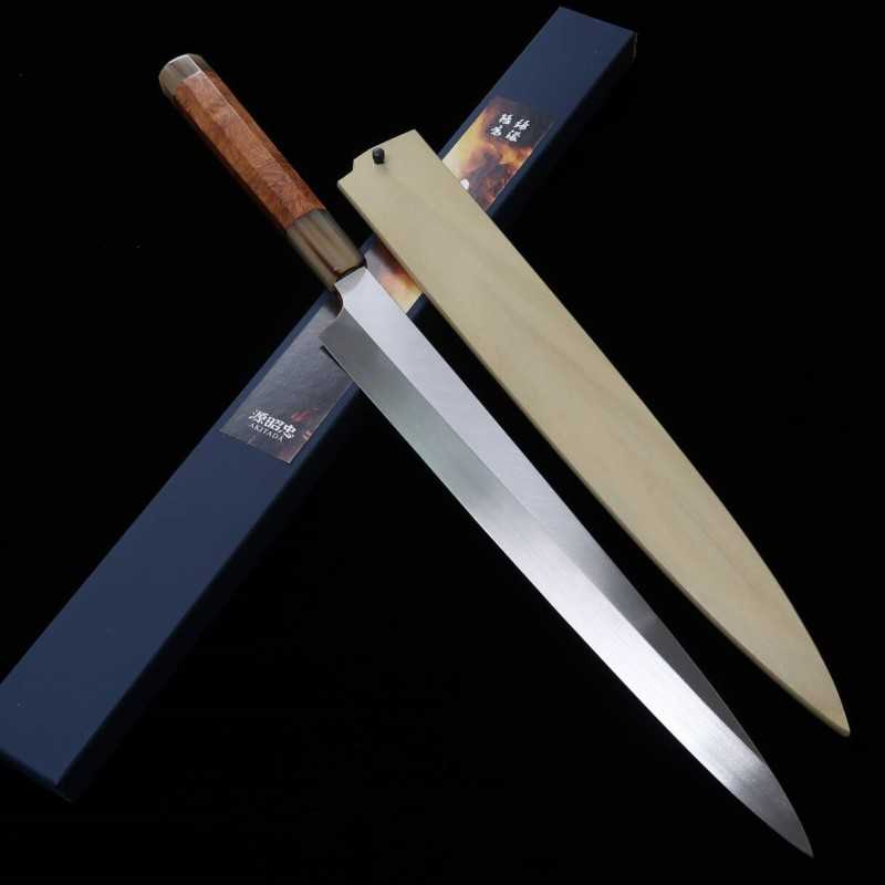 MIZUNO, Minamoto Akitada, Yanagiba, Honyaki DX, Aogami 2, manche en bois de karin, fourreau en magnolia inclus (300mm)