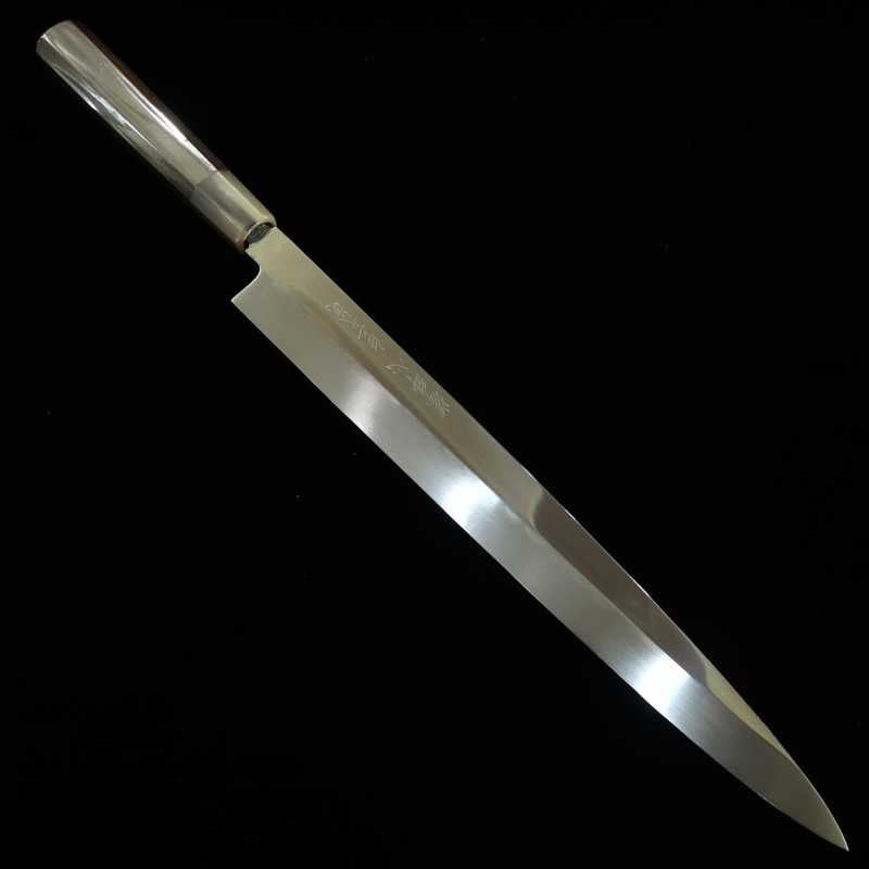Yanagiba SUISIN obra de Ikeda Yoshikazu, shirogami no.2, acabado de espejo, mango de ébano y funda de magnolia (330mm)