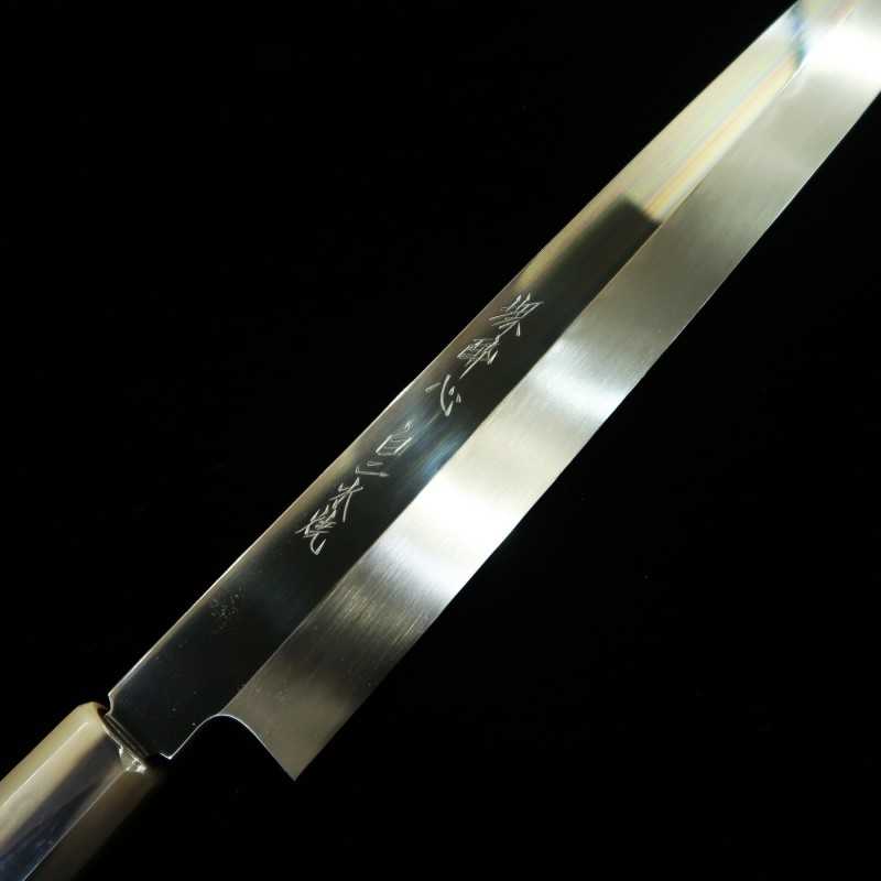 Yanagiba SUISIN obra de Ikeda Yoshikazu, shirogami no.2, acabado de espejo, mango de ébano y funda de magnolia (330mm)