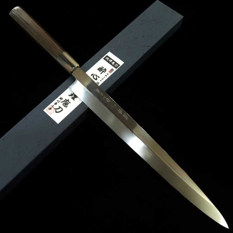 Yanagiba SUISIN obra de Ikeda Yoshikazu, shirogami no.2, acabado de espejo, mango de ébano y funda de magnolia (330mm)