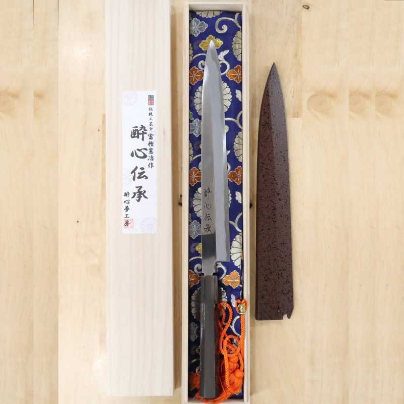 SUISIN Suisin Denshou yanagiba acero blanco nº1 espejo plano mango octogonal de ébano (270/300 mm)