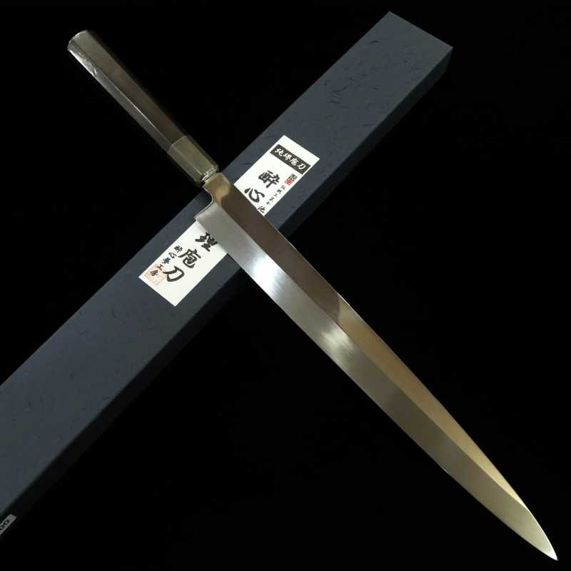 Yanagiba Mizu Honyaki SUISIN Aogami No. 2, acabamento espelhado cabo octogonal de ébano Ikeda (330mm)