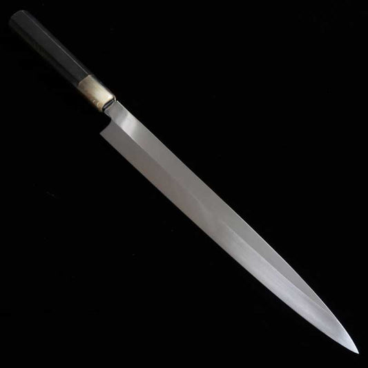 Yanagiba Mizu Honyaki SUISIN Shirogami No. 2 acabamento espelhado cabo octogonal em ébano Ikeda (300mm)
