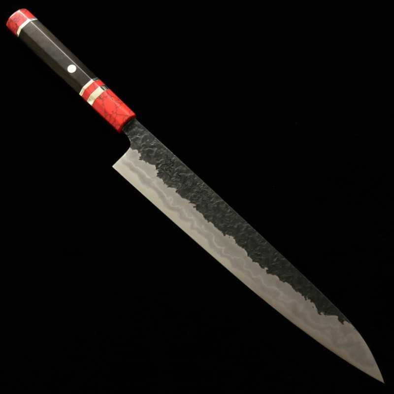 KISUKE [ENN] Manaka Hamono Tanrenjo sujihiki Aogami nº1 acabado negro martillado damasco hon-kasumi, mango personalizado rojo (270 mm)