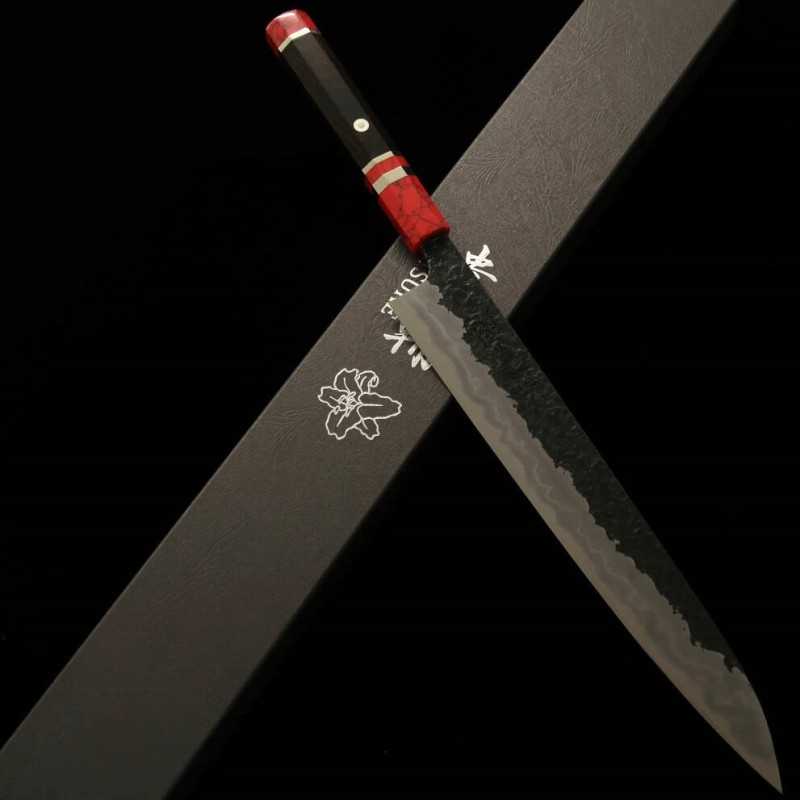 KISUKE [ENN] Manaka Hamono Tanrenjo sujihiki Aogami nº1 acabado negro martillado damasco hon-kasumi, mango personalizado rojo (270 mm)