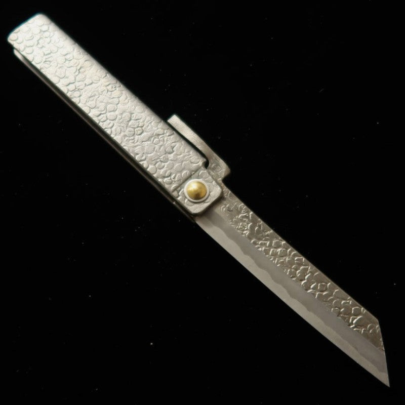 Tomita Higo Petit couteau Higo forgé en fer doux, martelé, type couteau, grand, avec coffret en bois de paulownia et pochette de rangement (75 mm)