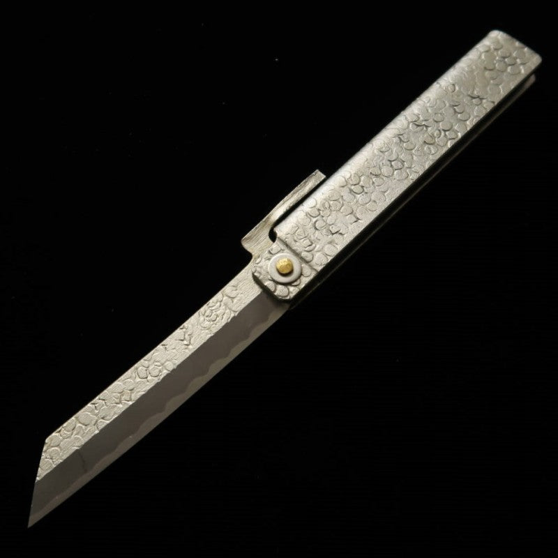 Tomita Higo Petit couteau Higo forgé en fer doux, martelé, type couteau, grand, avec coffret en bois de paulownia et pochette de rangement (75 mm)