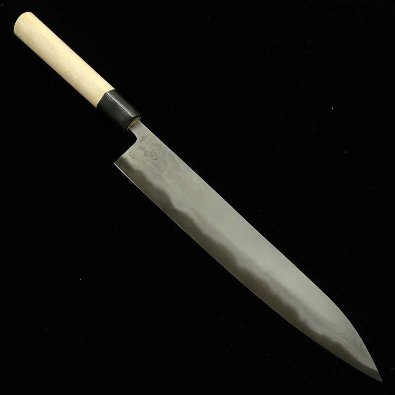 Miyazaki Kajiya – Acier Blanc n°2, fer doux multicouche, trempe à l’eau - Camélia - Sujihiki - Manche en magnolia en forme de châtaigne (270 mm)