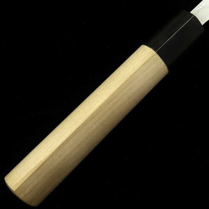 Miyazaki Kajiya – Acier Blanc n°2, fer doux multicouche, trempe à l’eau - Camélia - Sujihiki - Manche en magnolia en forme de châtaigne (270 mm)