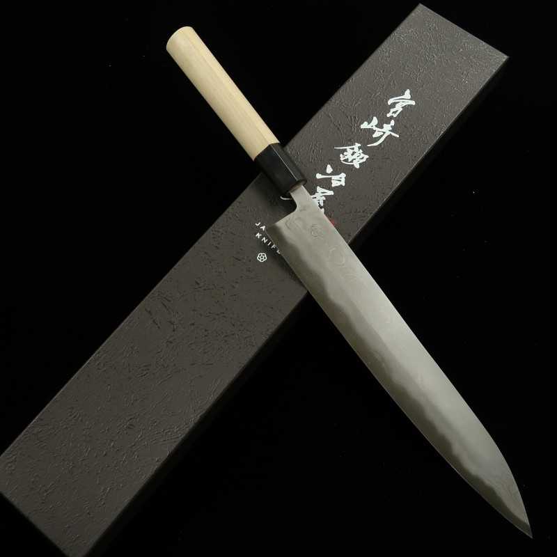 Miyazaki Kajiya – Acier Blanc n°2, fer doux multicouche, trempe à l’eau - Camélia - Sujihiki - Manche en magnolia en forme de châtaigne (270 mm)