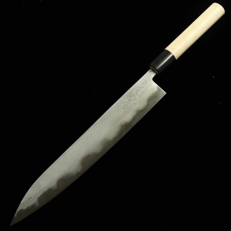 Miyazaki Kajiya – Acier Blanc n°2, fer doux multicouche, trempe à l’eau - Camélia - Sujihiki - Manche en magnolia en forme de châtaigne (270 mm)