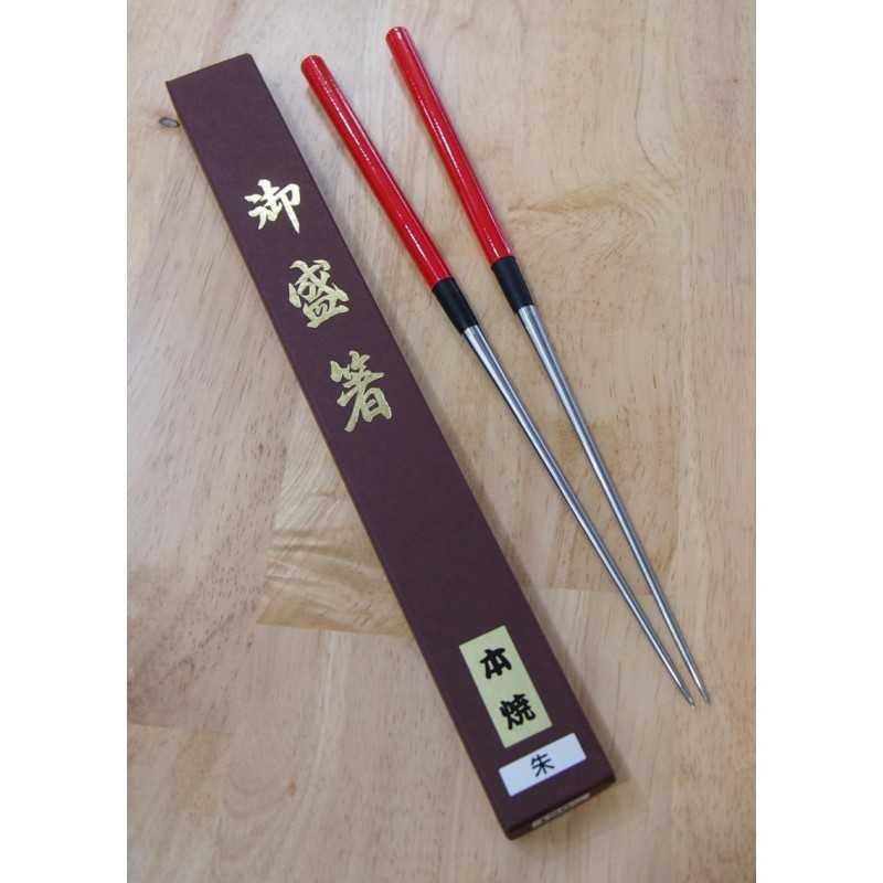 MORIBASHI palillos para emplatar de acero inoxidable con mango lacado rojo (290/320 mm)