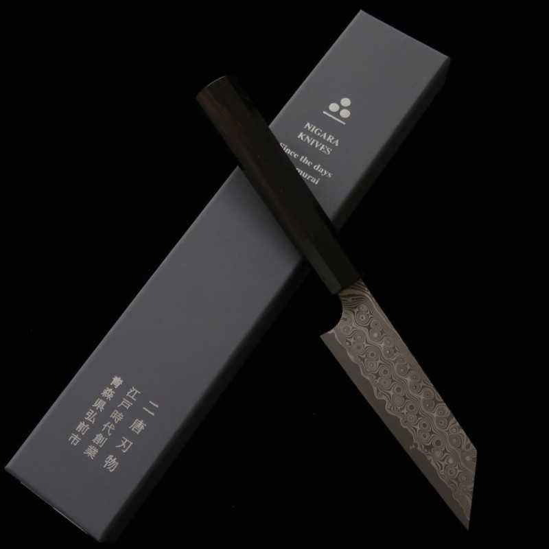 Nigara Hamono NIGARA SG2 Paring Knife Kiritsuke motif sombre, manche en ébène et corne de buffle noire (120 mm)