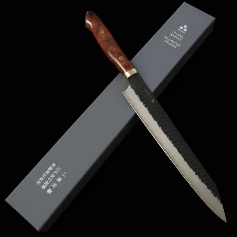 NIGARA SG2 Finition noire martelée Kiritsuke-Sujihiki Manche en bois de ronce de bouleau sur mesure (255 mm)