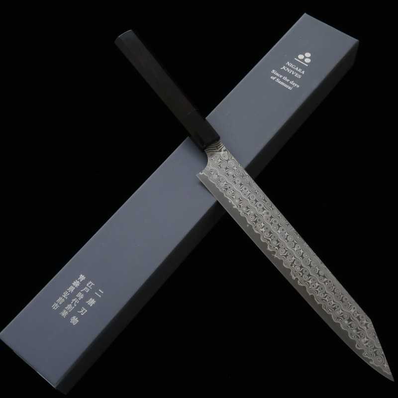 NIGARA forja Nitō Hamono SG2 “Anmon” kiritsuke sujihiki mango de ébano con búfalo negro (255 mm)