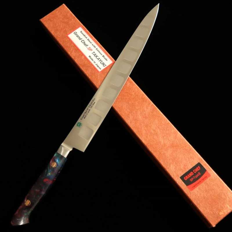 SAKAI TAKAYUKI Grand Chef SP Series Type III Galaxy acero especial, hoja alveolada, sujihiki para diestros (240 mm)